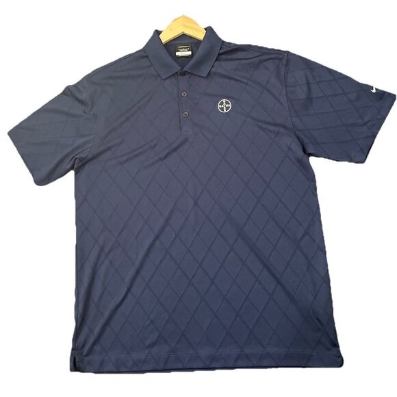 Nike Golf Dri-Fit LARGE Navy Blue Diamond BAYER Logo Dry Wick Short Sleeve - Picture 1 of 2